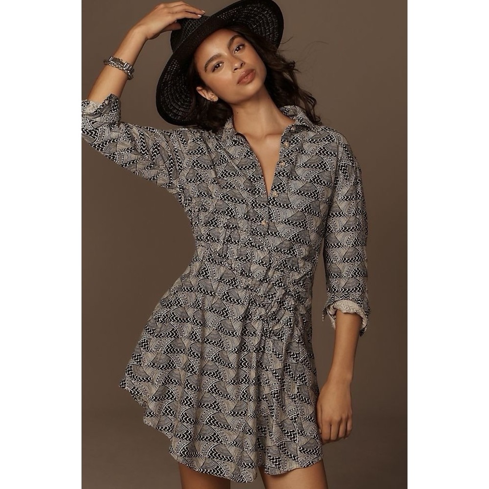 NWT Anthropologie Long-Sleeve Collared Mini Dress Linen Blend Sz MP Retro Artsy